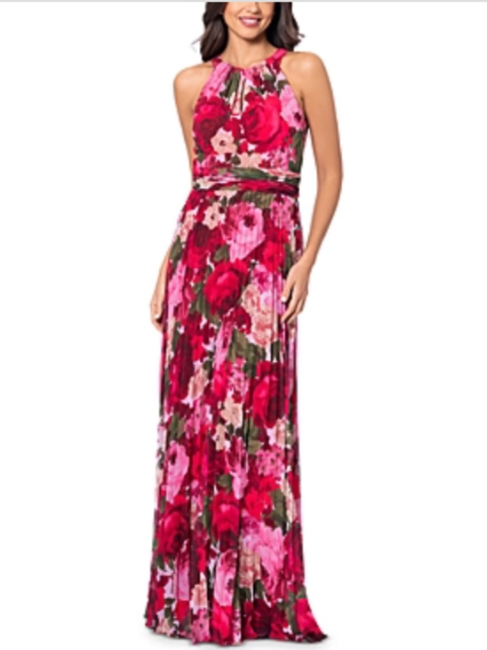 Xscape Women's Pleated Floral Chiffon Halter Dress - Red/Olive Size 12